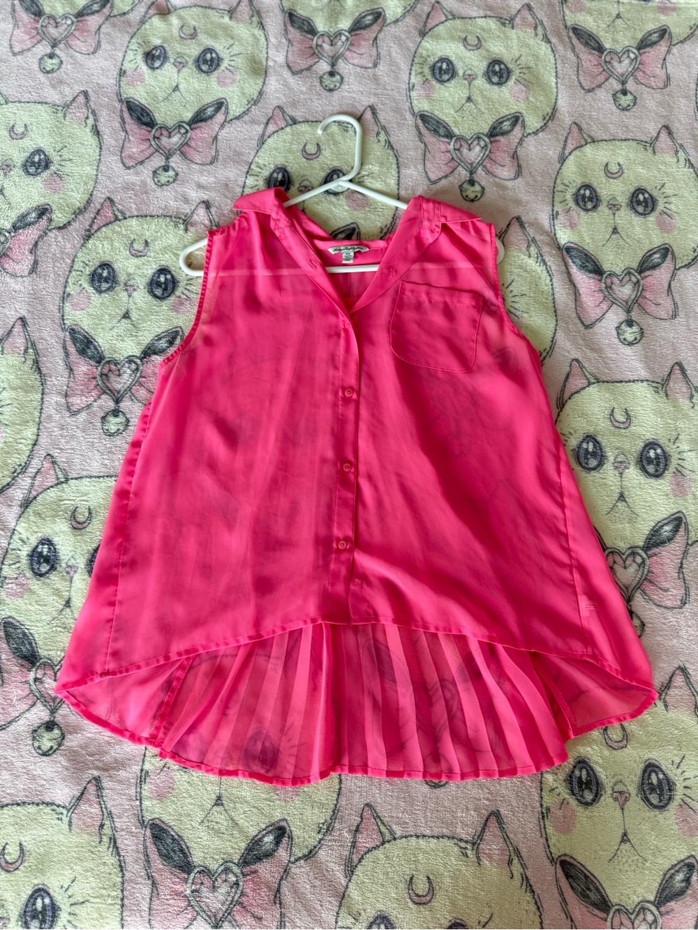 American Eagle Sheer Hot Pink Button-Front Tank Top